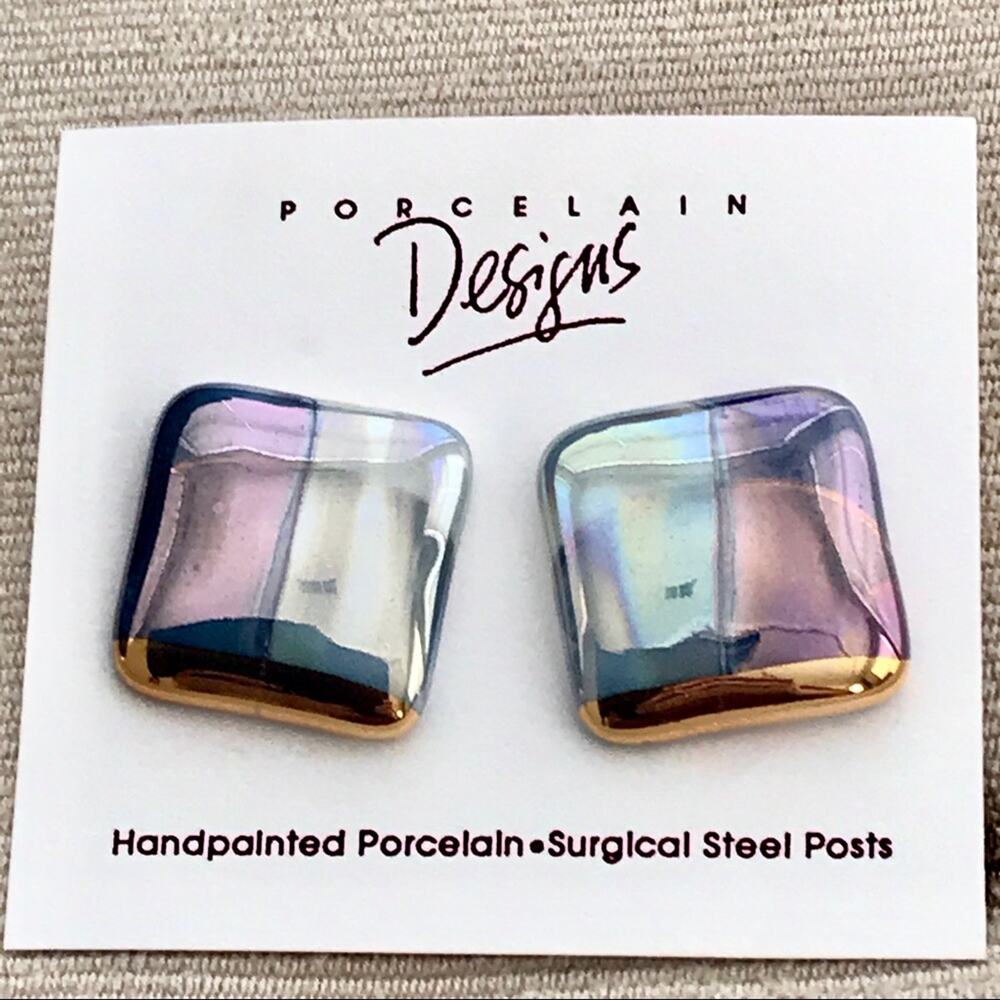 Hand-painted Porcelain  Earrings Iridescent & Gold Posts